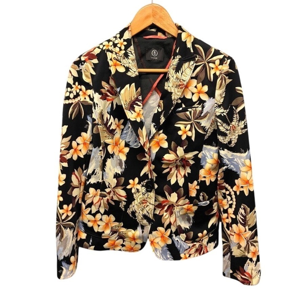 Bogner Floral Tropical One Button Blazer Jacket Womens 8 Black Multicolor Coat